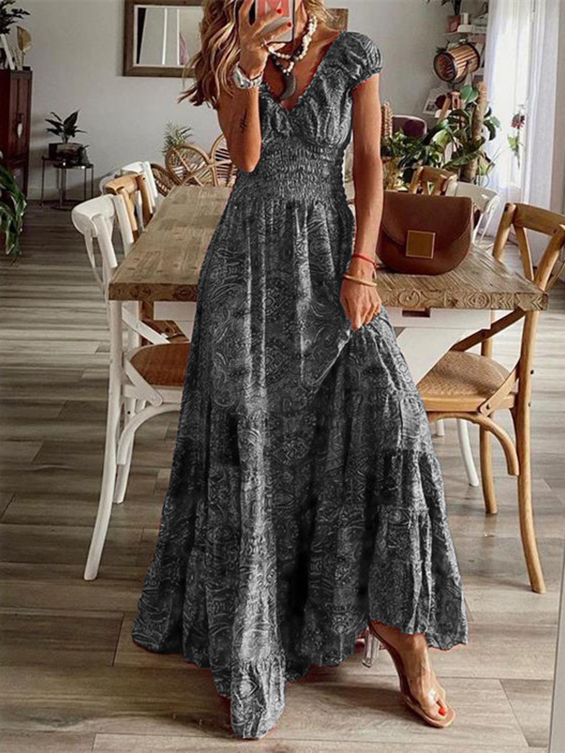 Full Size Smocked Printed V-Neck Short Sleeve Dress Full Size Smocked Printed V-Neck Short Sleeve Dress